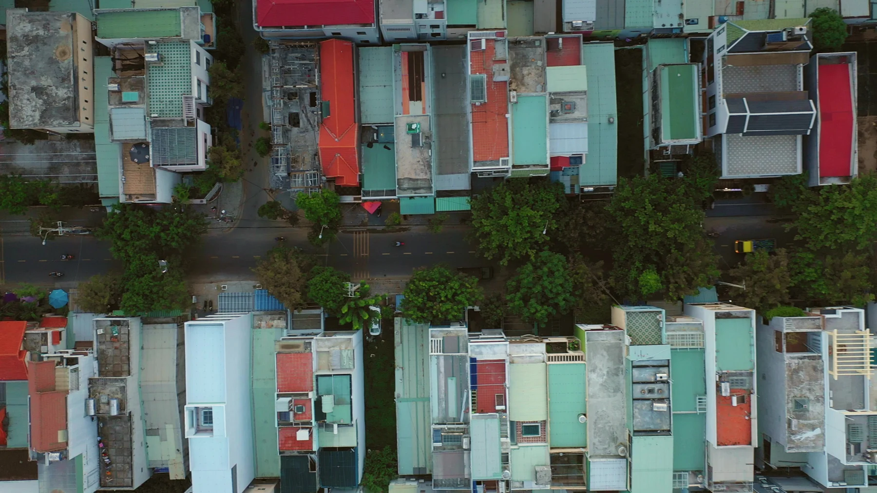 Overhead view of colourful buildings and courtyards